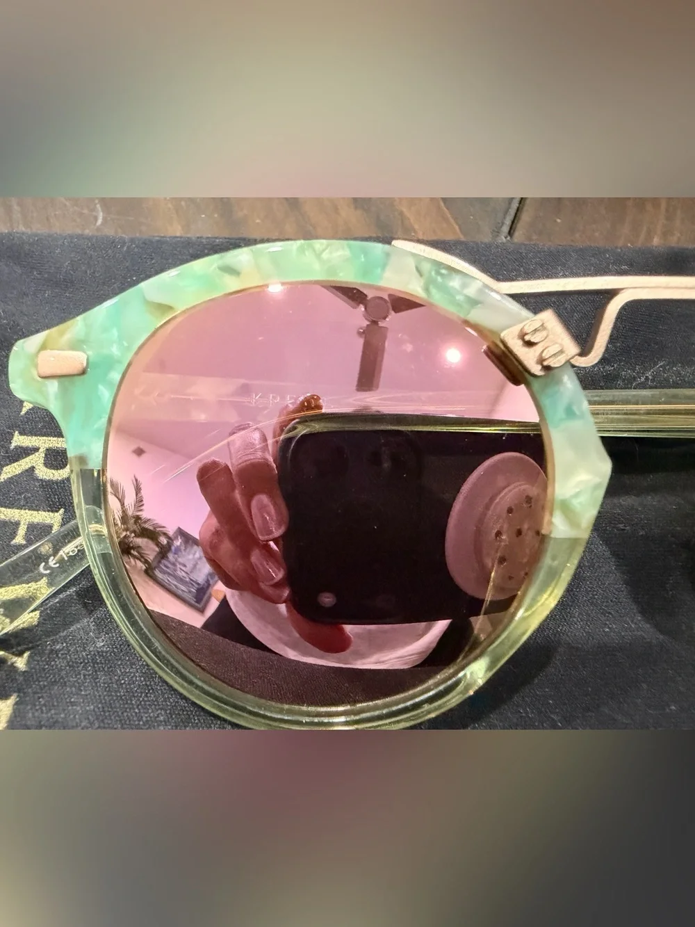 KREWE Round Green Marble Acetate Sunglasses with Pink Lenses